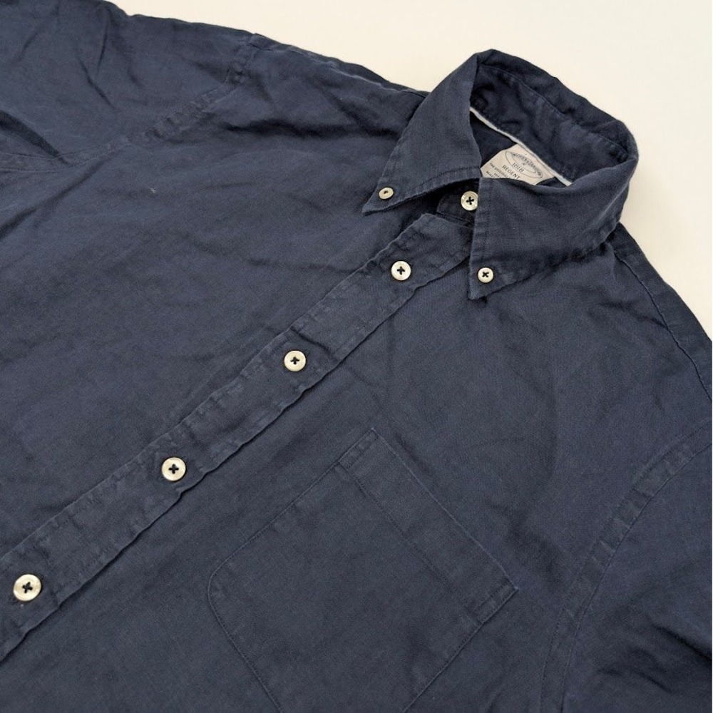 Brooks Brothers Regent Linen Button Down Shirt Mens Small Navy Blue Short Sleeve